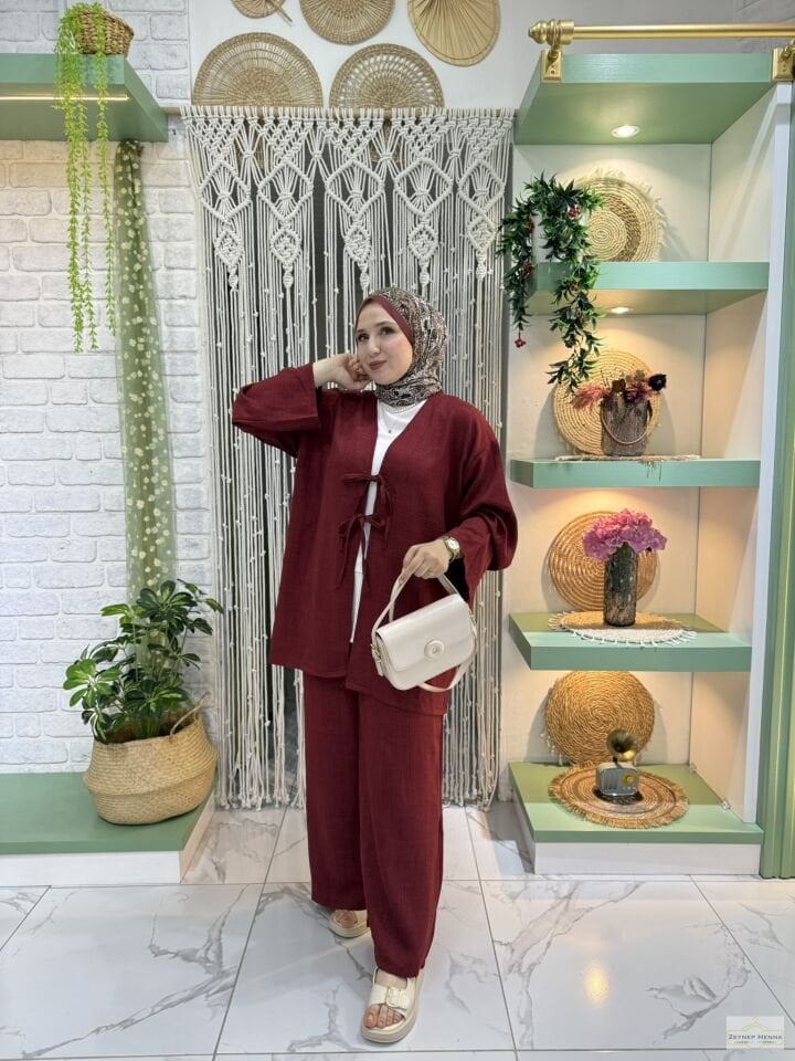 Keten Bordo Kimono Takım