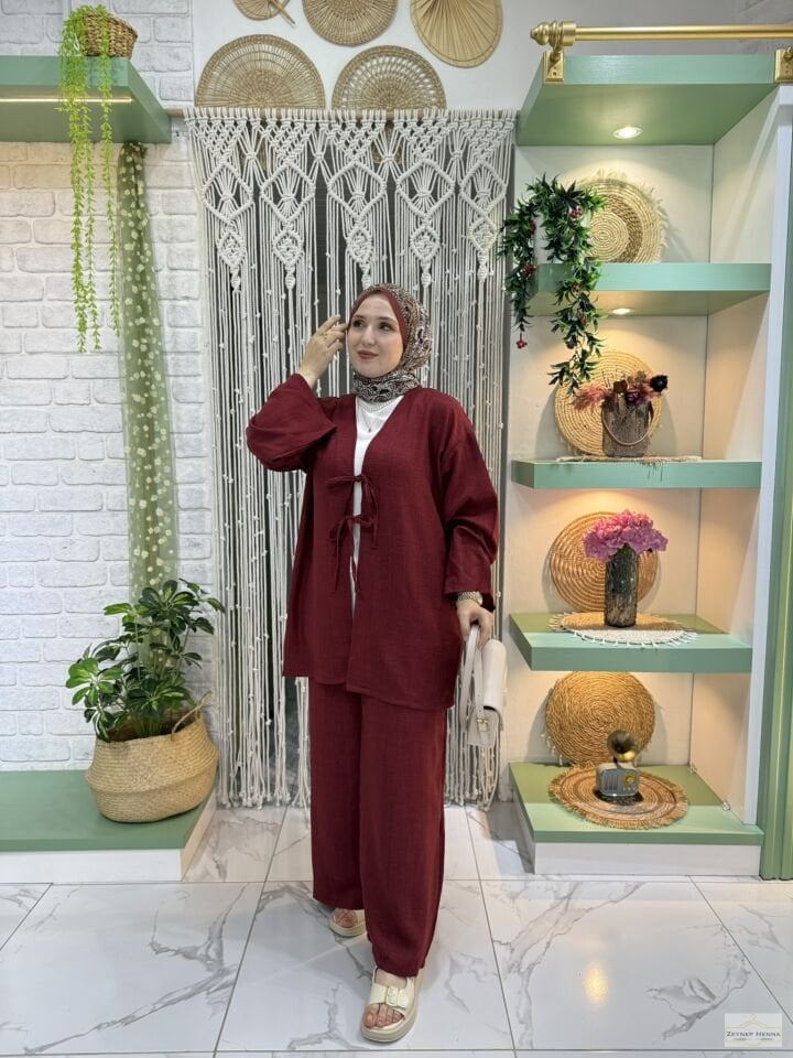 Keten Bordo Kimono Takım