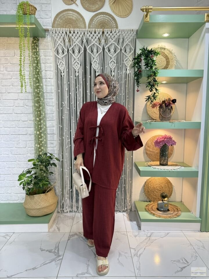 Keten Bordo Kimono Takım