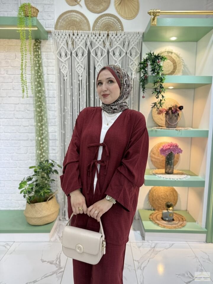 Keten Bordo Kimono Takım