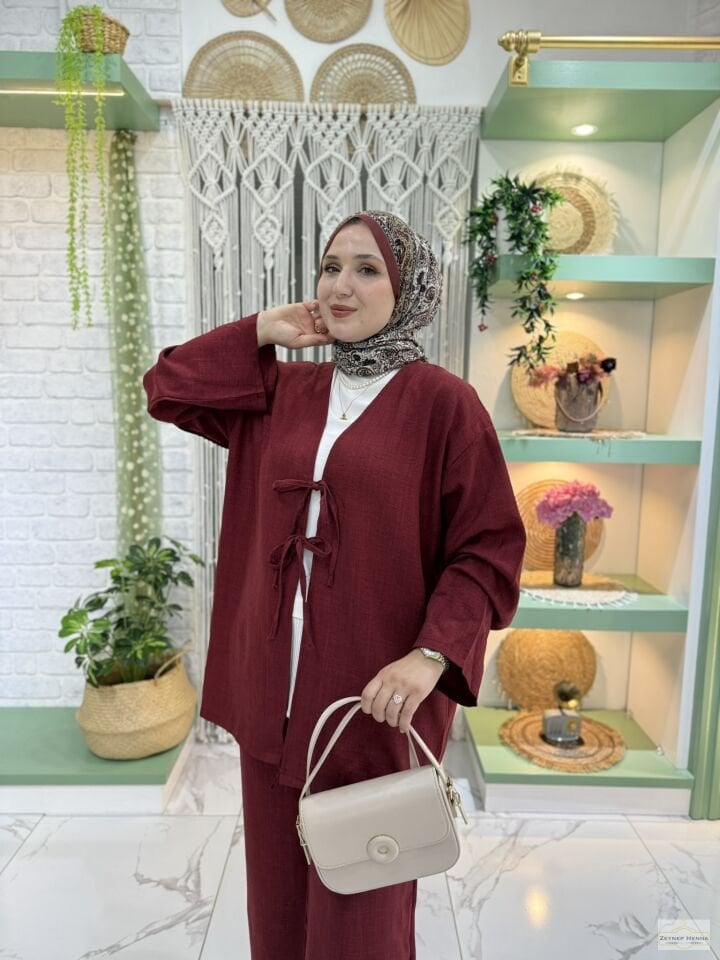 Keten Bordo Kimono Takım