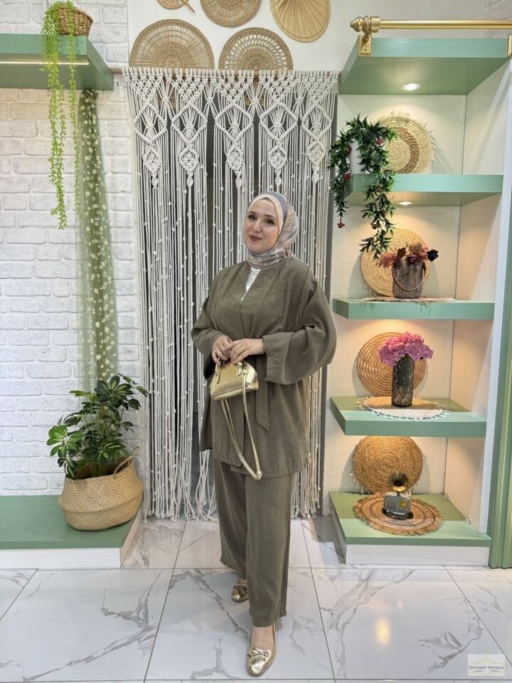Belden Bağlamalı Haki Kimono Takım