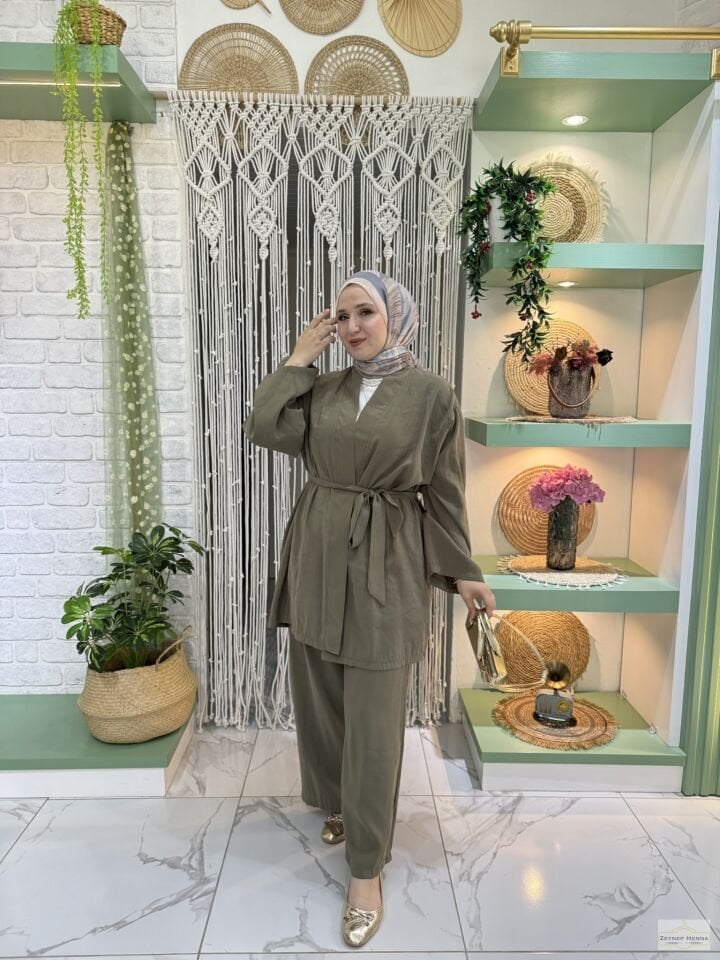 Belden Bağlamalı Haki Kimono Takım
