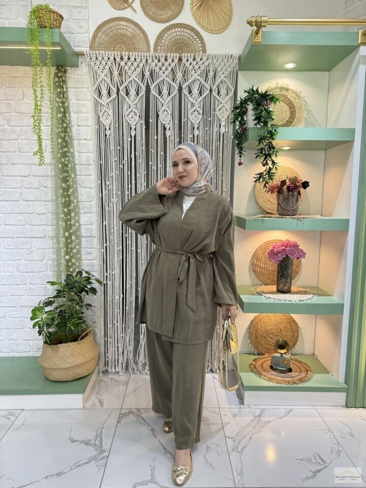 Belden Bağlamalı Haki Kimono Takım