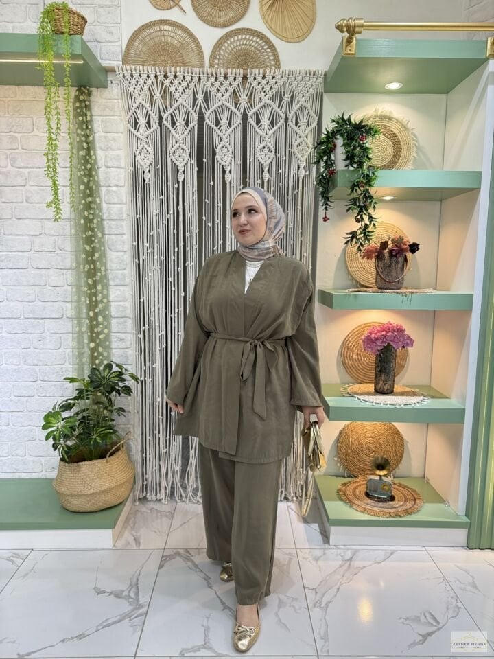 Belden Bağlamalı Haki Kimono Takım