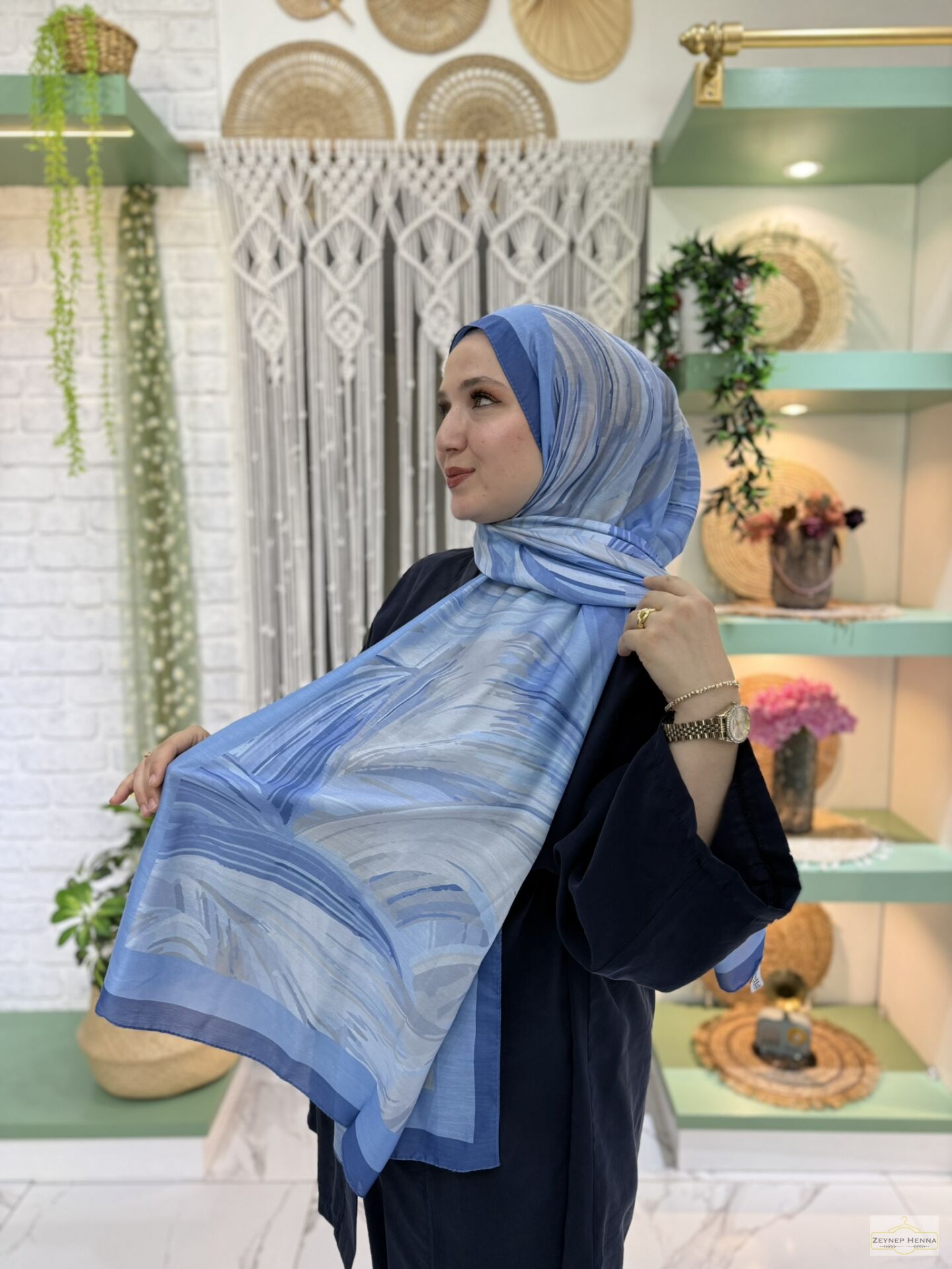 Fırça Desen Mavi Pamuk Şal