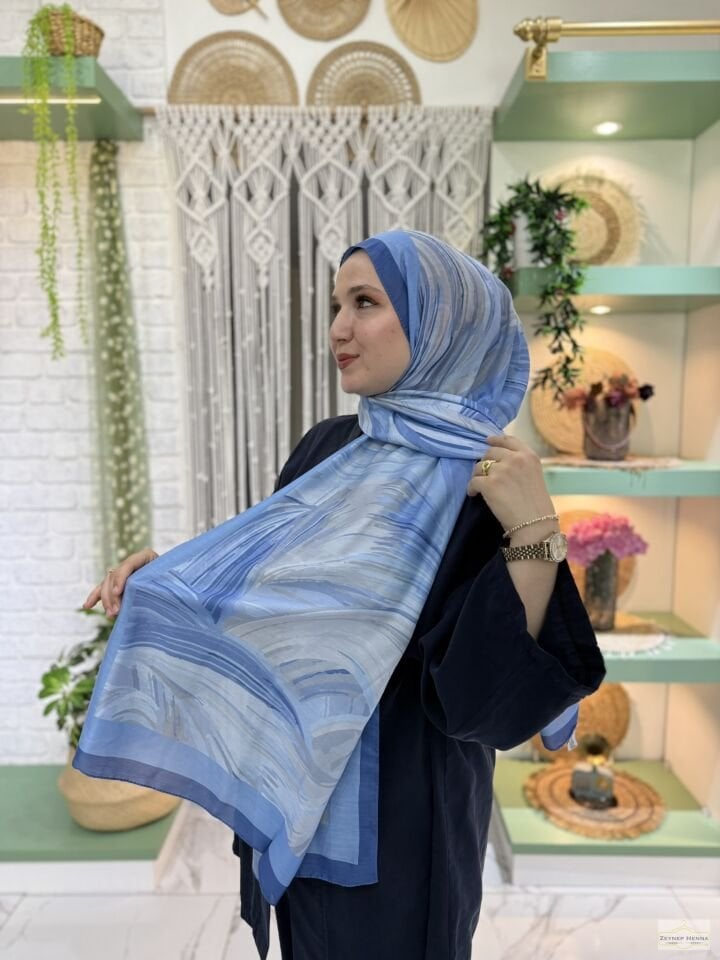 Fırça Desen Mavi Pamuk Şal