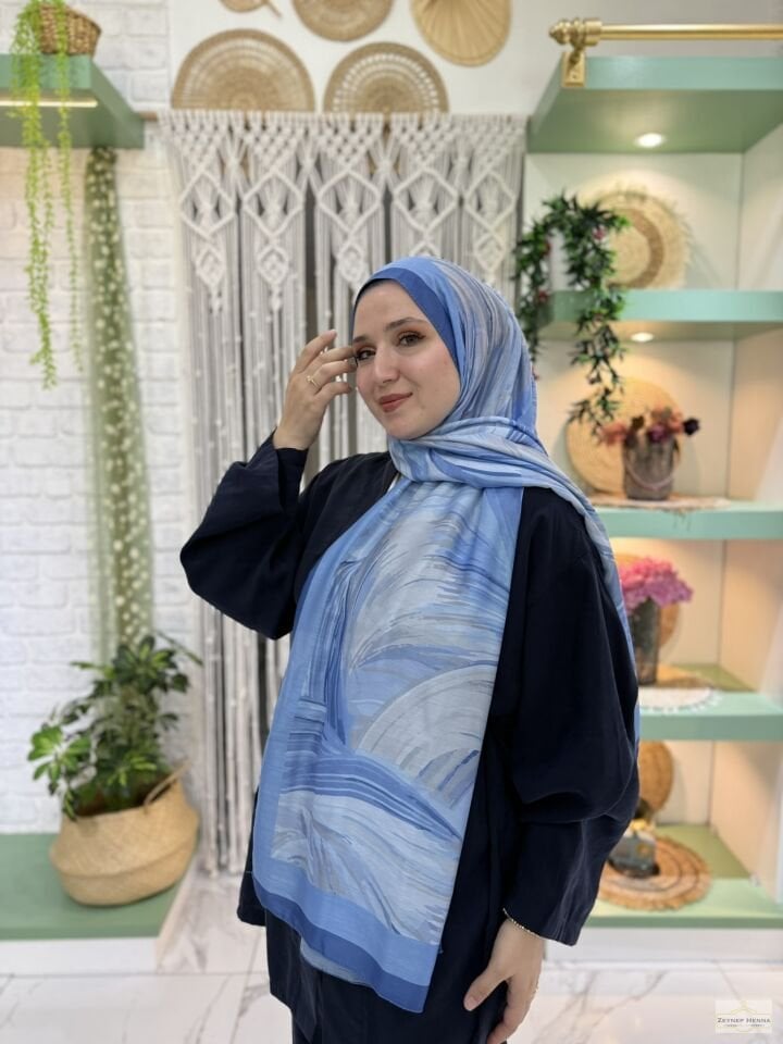 Fırça Desen Mavi Pamuk Şal