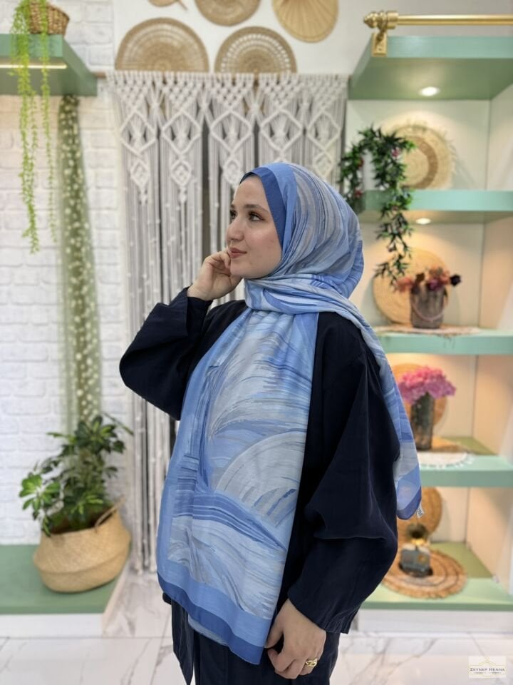 Fırça Desen Mavi Pamuk Şal