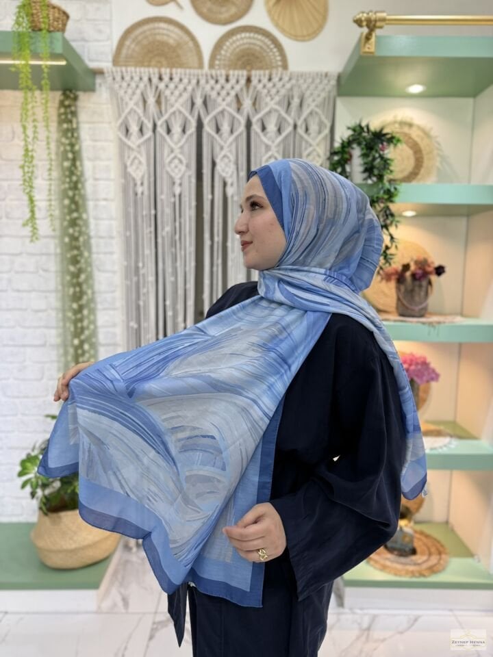 Fırça Desen Mavi Pamuk Şal