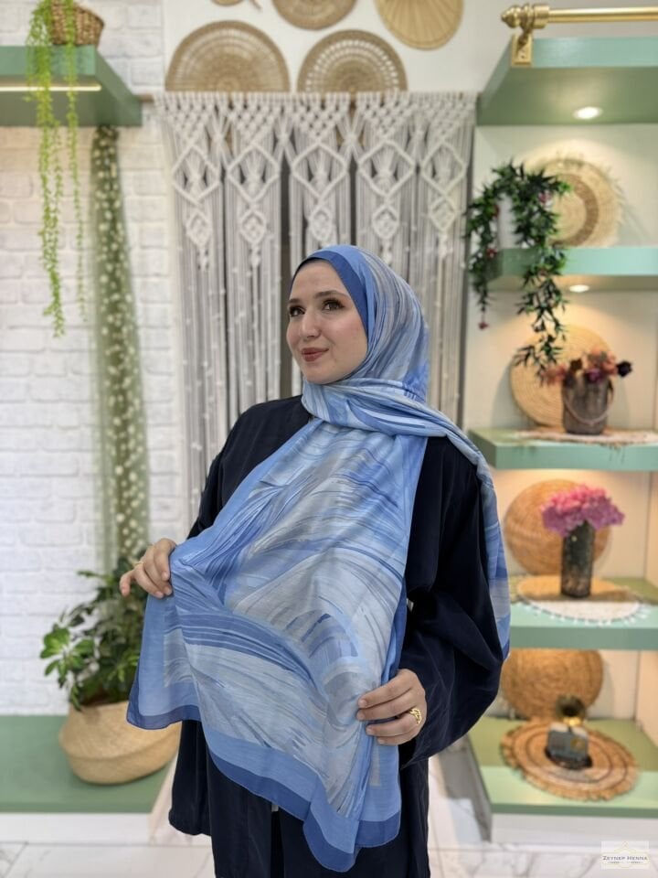 Fırça Desen Mavi Pamuk Şal