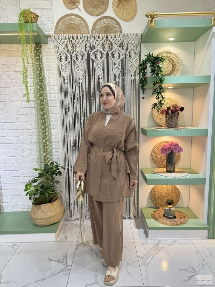 Belden Bağlamalı Camel Kimono Takım