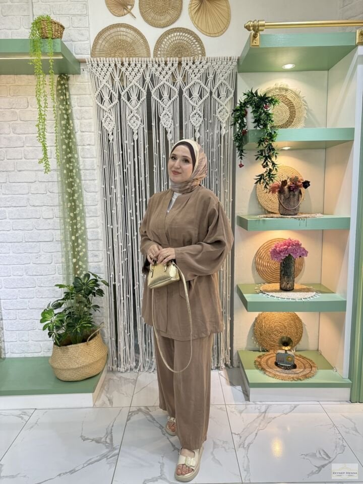Belden Bağlamalı Camel Kimono Takım