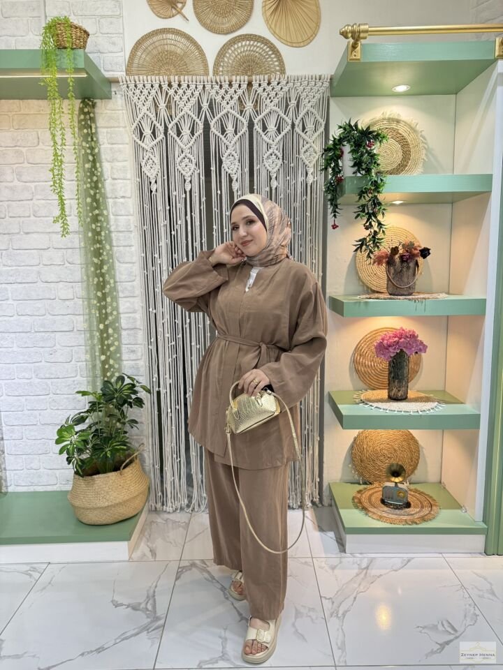 Belden Bağlamalı Camel Kimono Takım