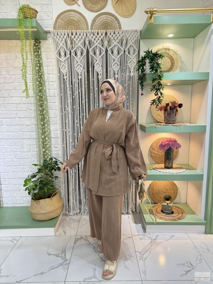 Belden Bağlamalı Camel Kimono Takım