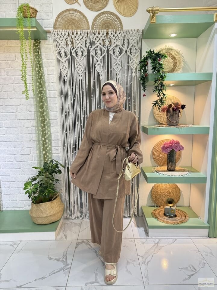 Belden Bağlamalı Camel Kimono Takım