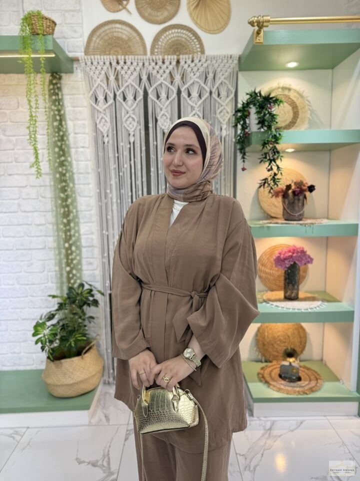 Belden Bağlamalı Camel Kimono Takım