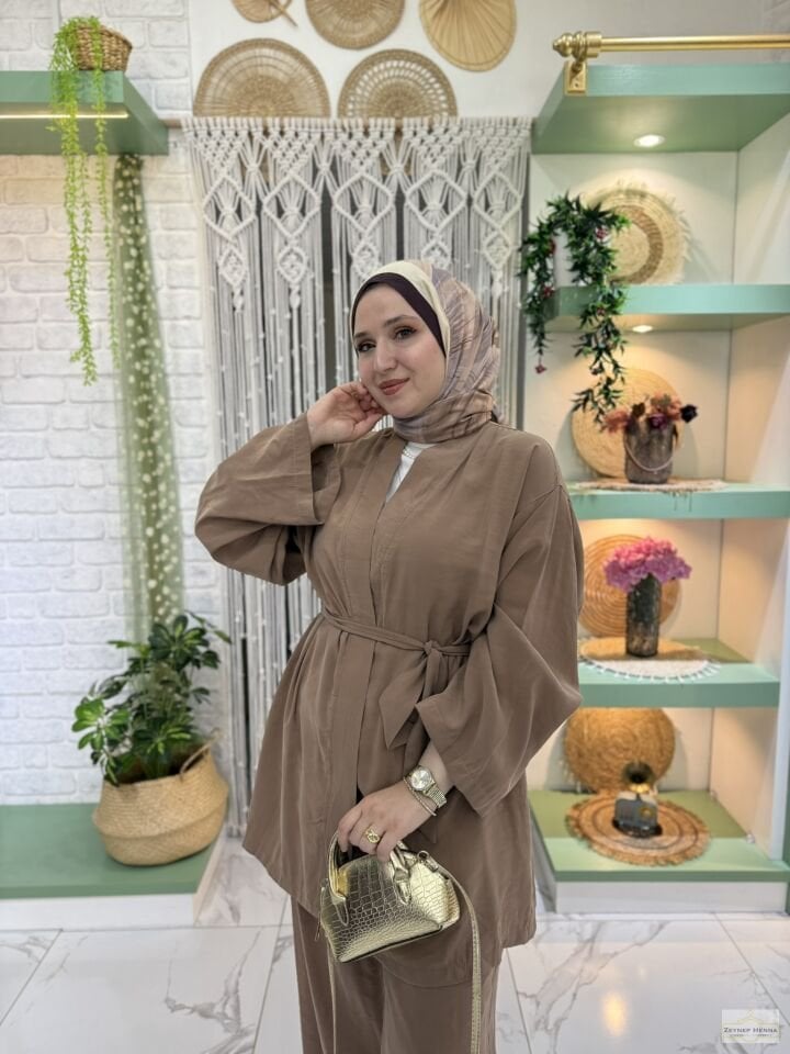 Belden Bağlamalı Camel Kimono Takım