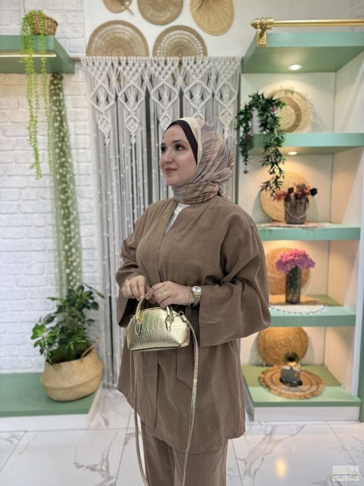 Belden Bağlamalı Camel Kimono Takım