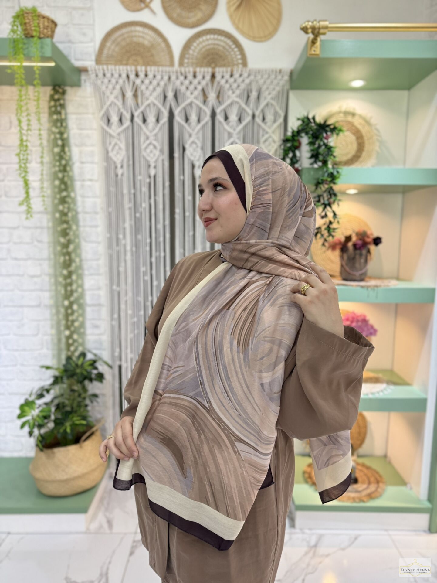 Fırça Desen Camel Pamuk Şal