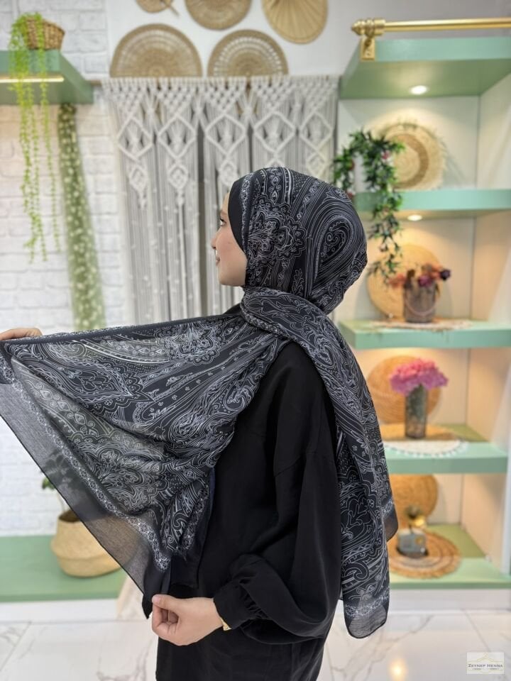 Hint Desen Siyah Pamuk Şal