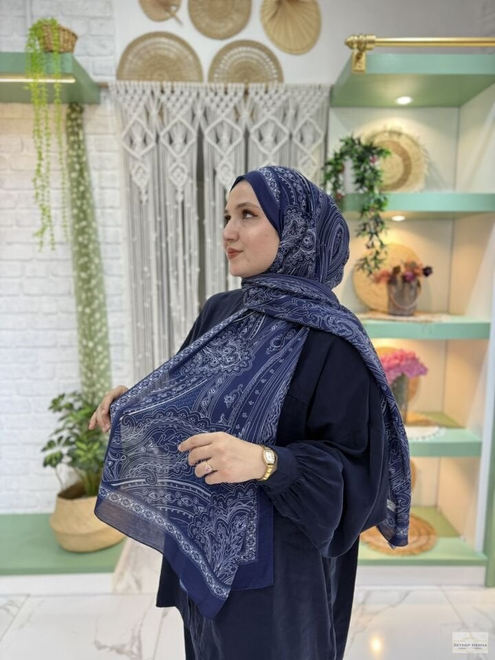 Hint Desen Lacivert Pamuk Şal