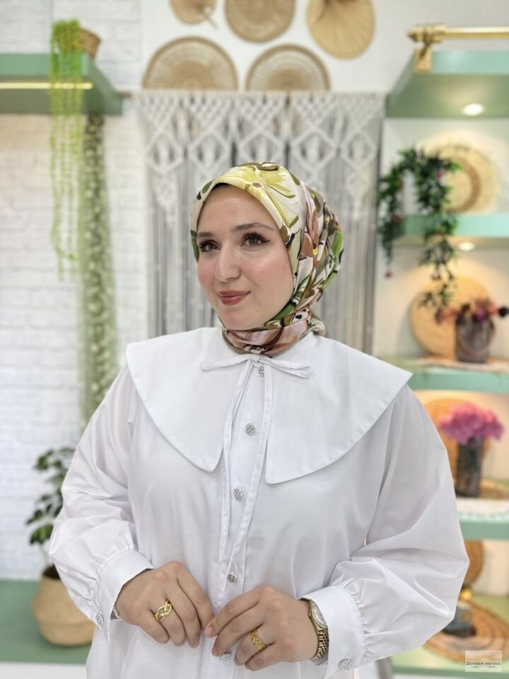 Zambak Desen Yağ Yeşili  Pamuk Eşarp