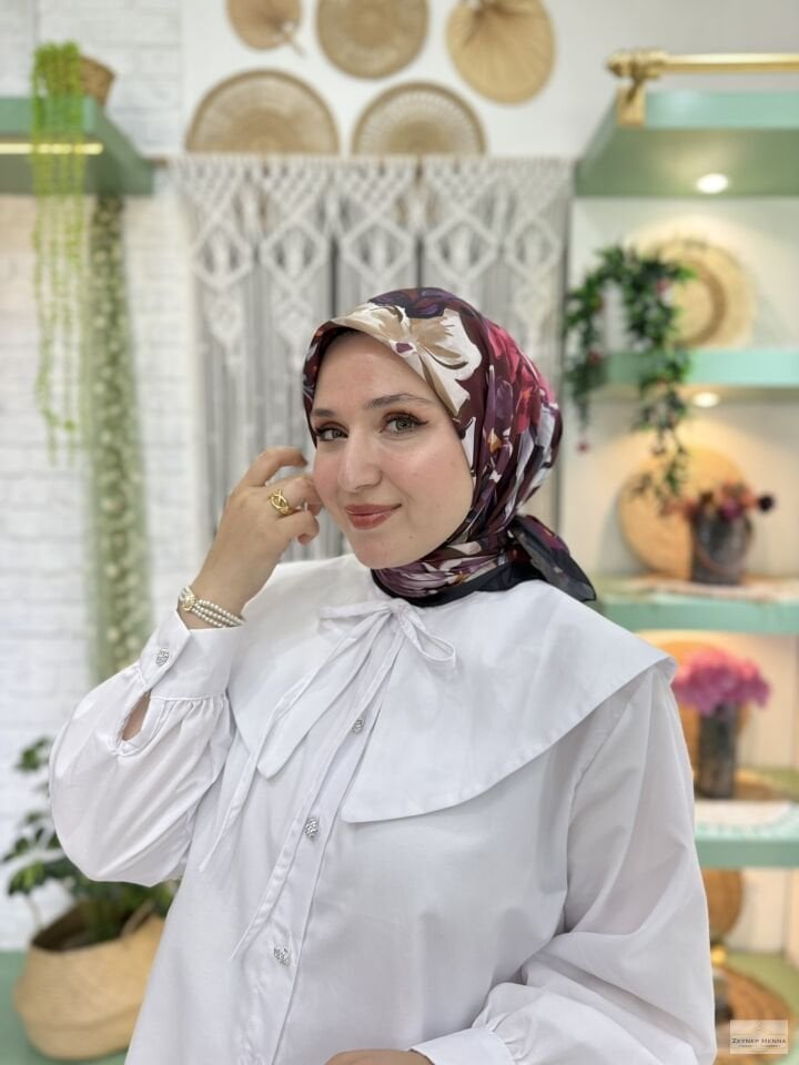 Zambak Desen Mürdüm Pamuk Eşarp