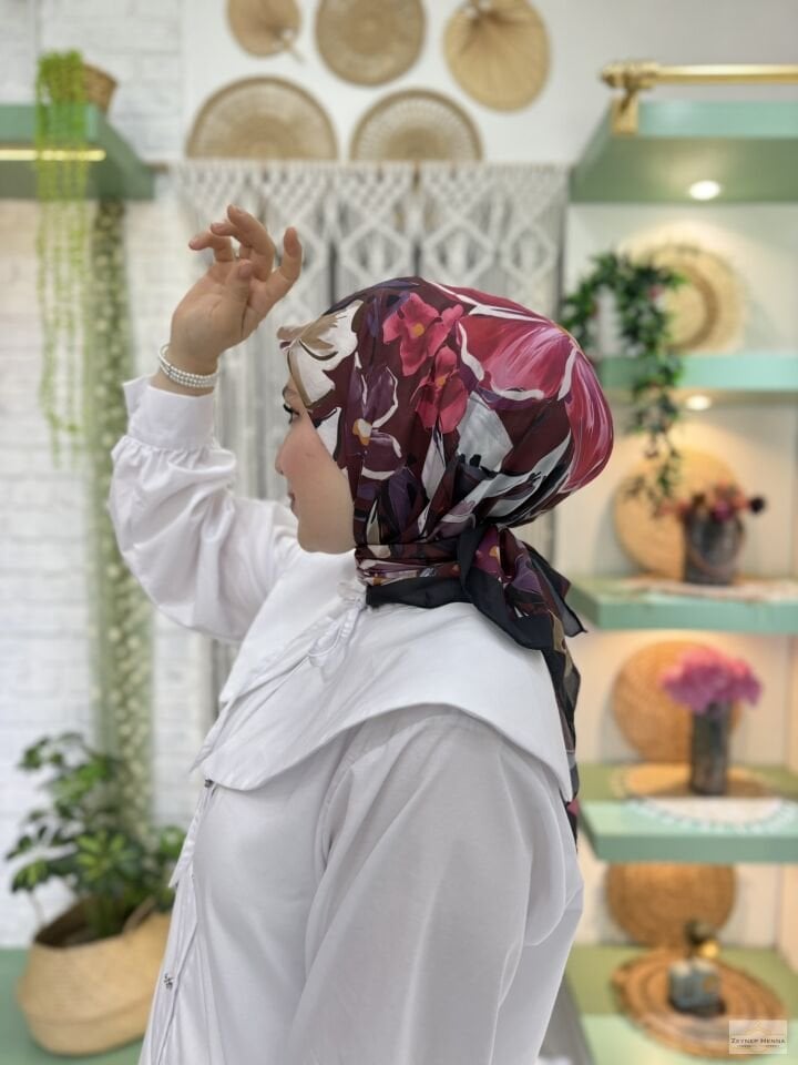 Zambak Desen Mürdüm Pamuk Eşarp