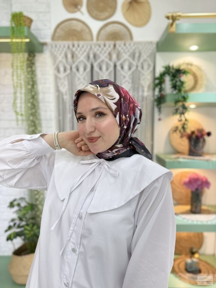 Zambak Desen Mürdüm Pamuk Eşarp