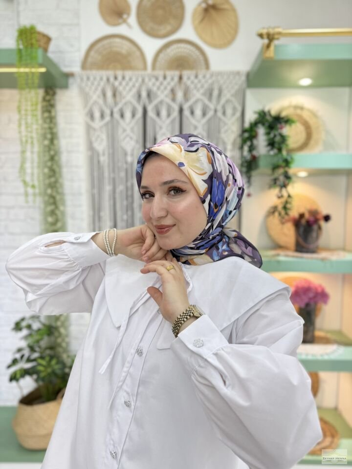 Zambak Desen Lila Pamuk Eşarp