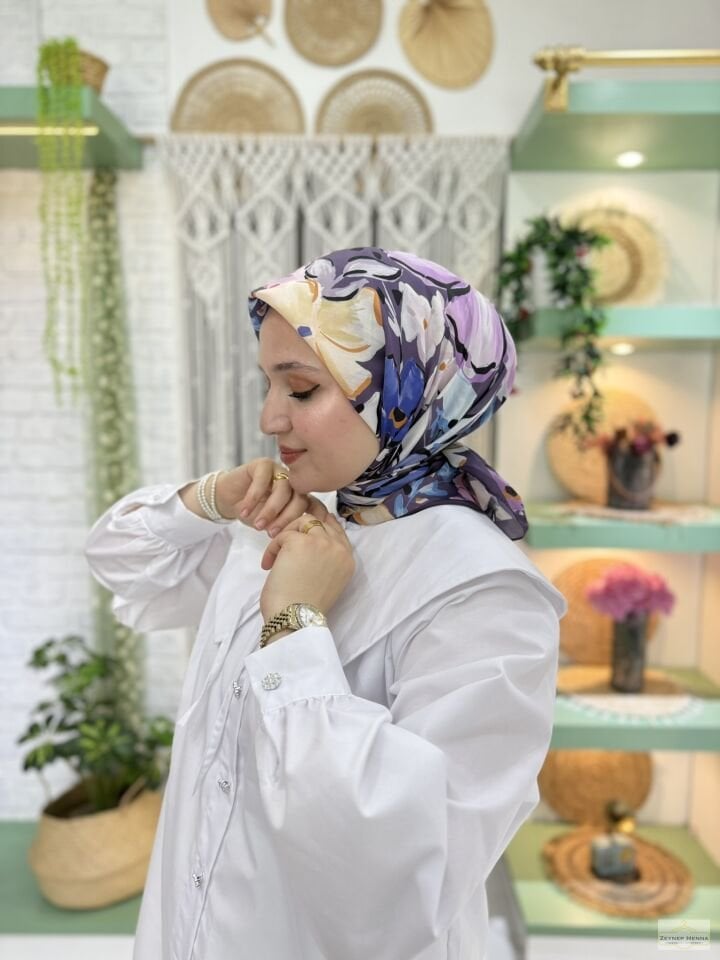 Zambak Desen Lila Pamuk Eşarp