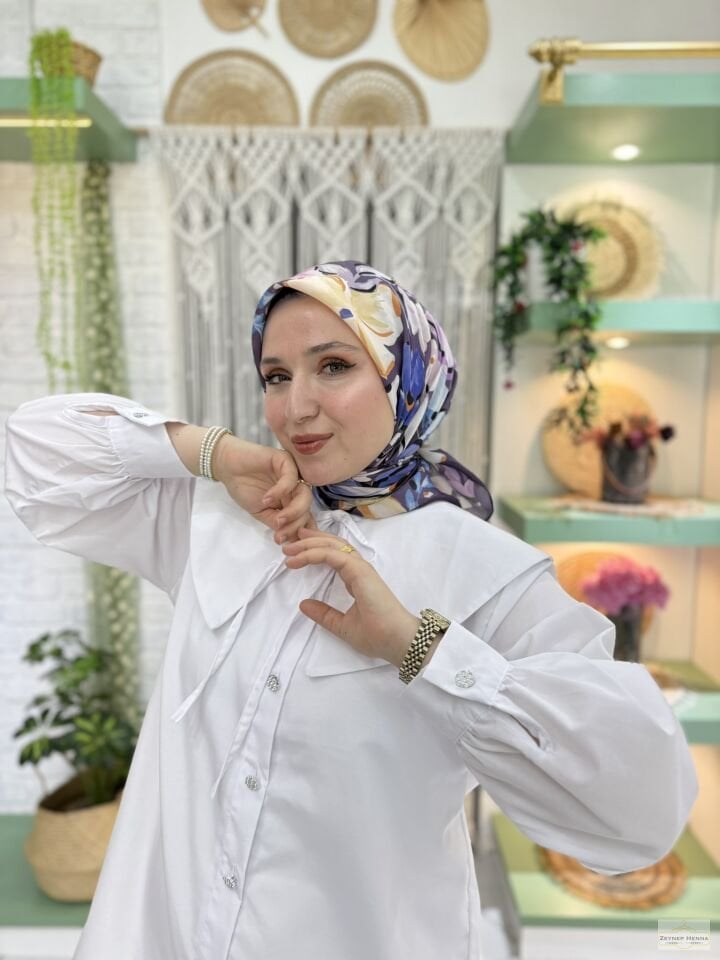 Zambak Desen Lila Pamuk Eşarp