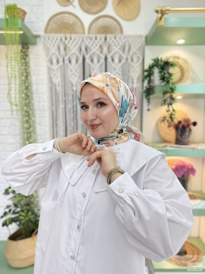 Zambak Desen Pembe Pamuk Eşarp