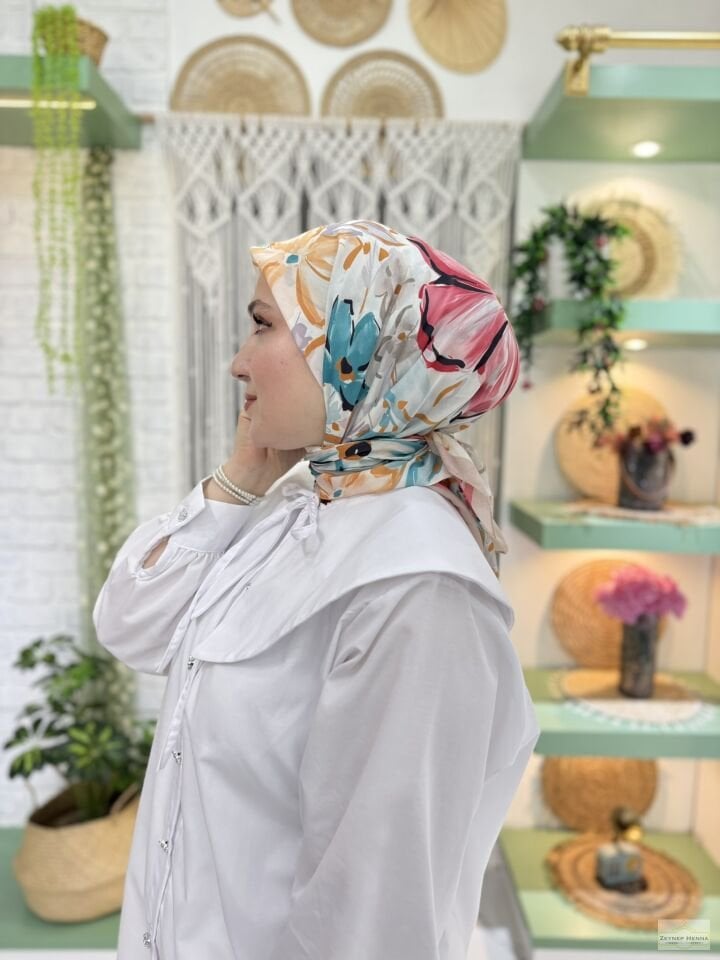 Zambak Desen Pembe Pamuk Eşarp