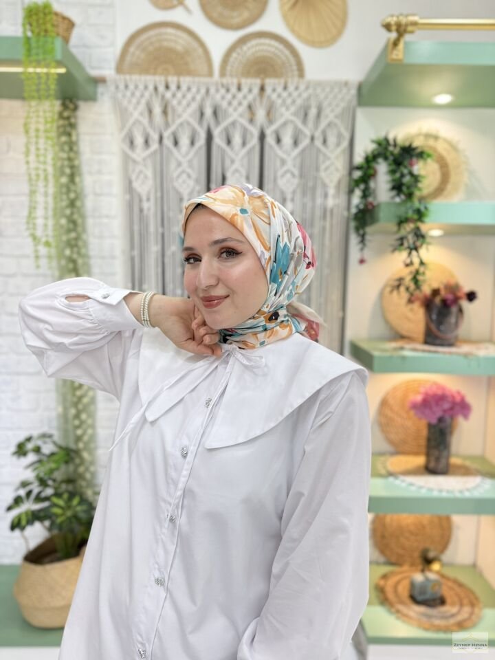 Zambak Desen Pembe Pamuk Eşarp