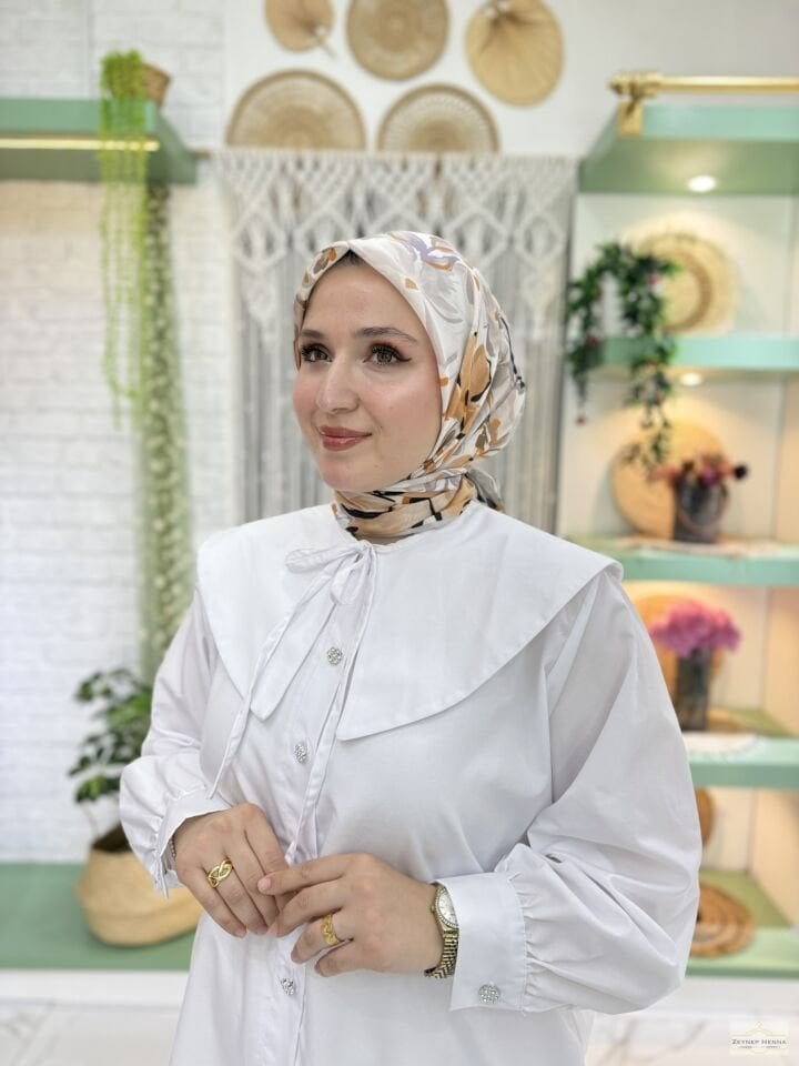 Zambak Desen Gri Pamuk Eşarp