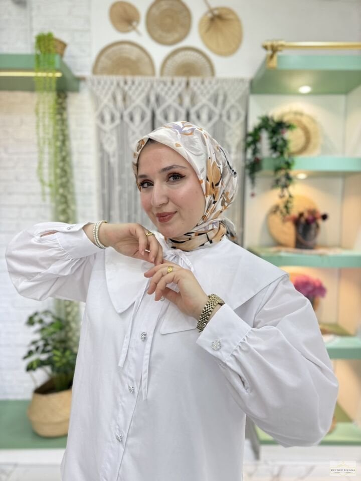 Zambak Desen Gri Pamuk Eşarp