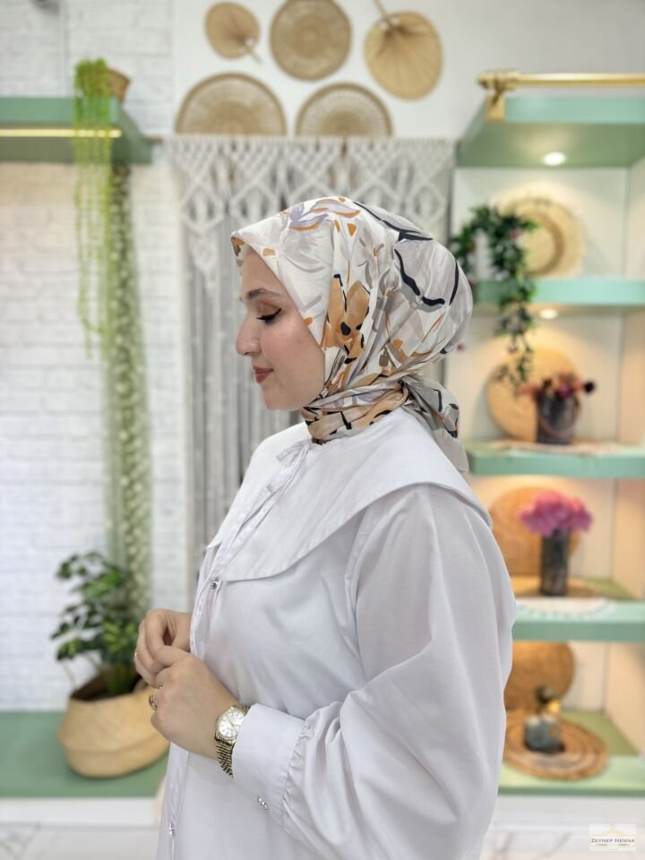 Zambak Desen Gri Pamuk Eşarp