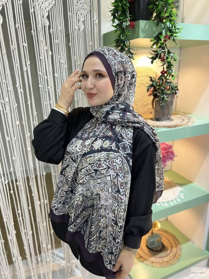 Şila Desen Patlıcan Mor Pamuk Şal