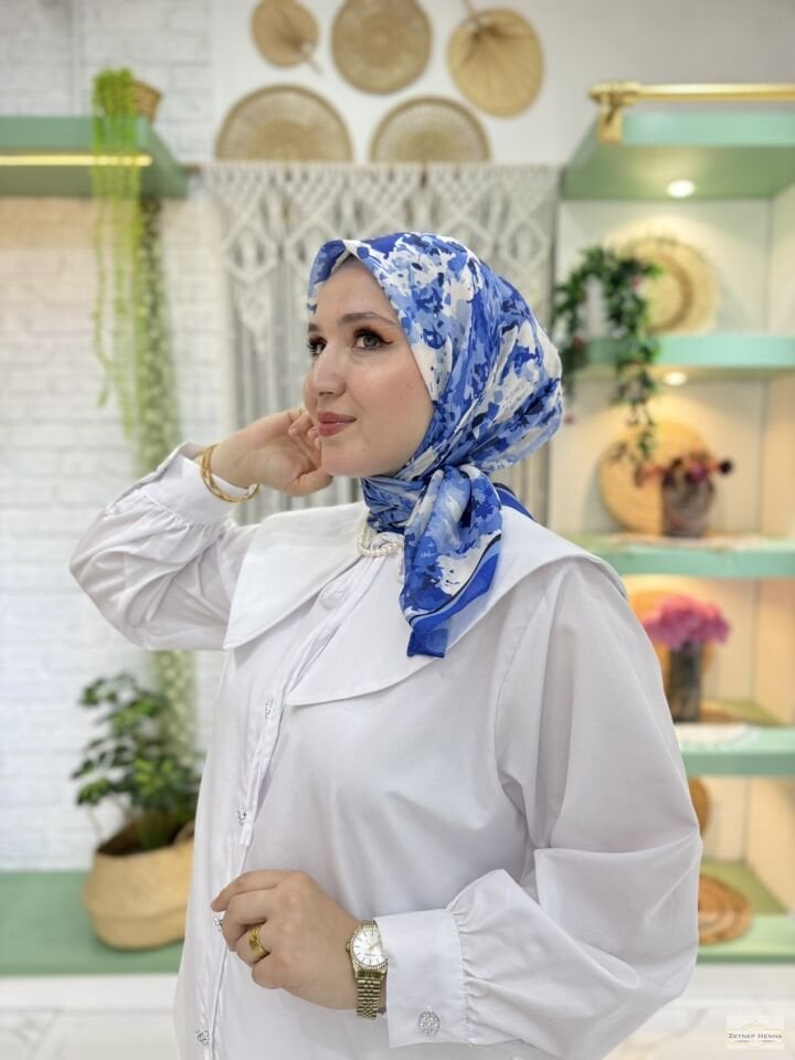 Mozaik Desen Saks Mavi Pamuk Eşarp