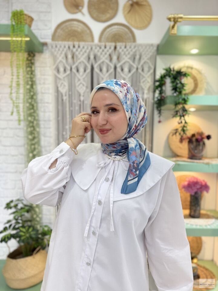 Mozaik Desen İndigo Pamuk Eşarp