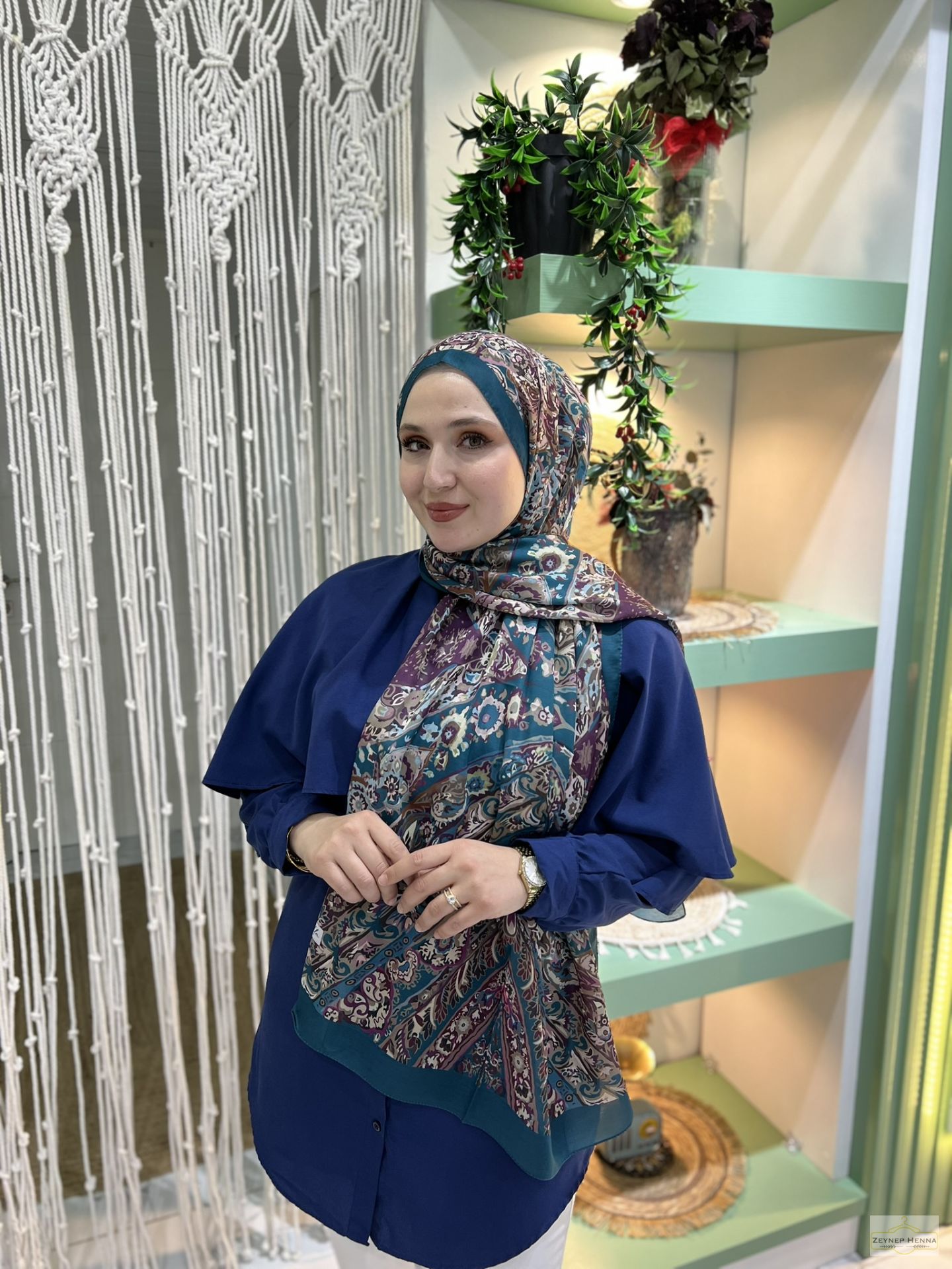 Şila Desen İndigo Pamuk Şal