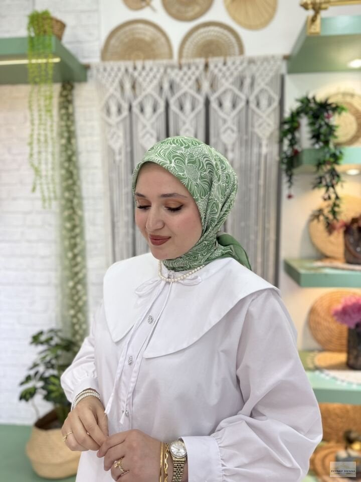 Mandala Desen Yeşil Pamuk Eşarp