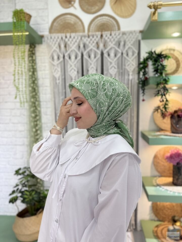 Mandala Desen Yeşil Pamuk Eşarp