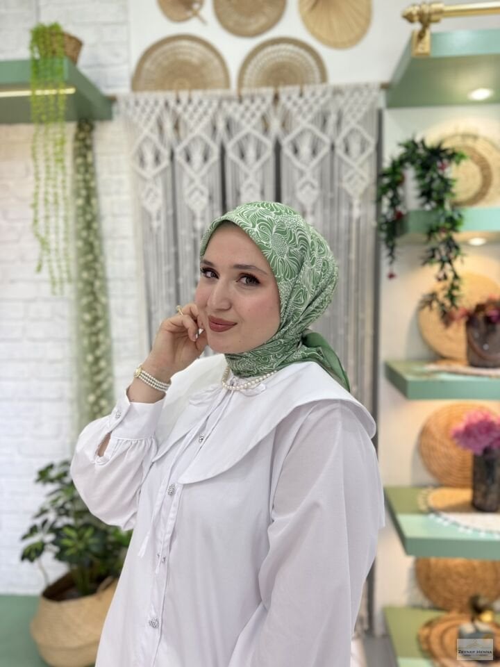 Mandala Desen Yeşil Pamuk Eşarp