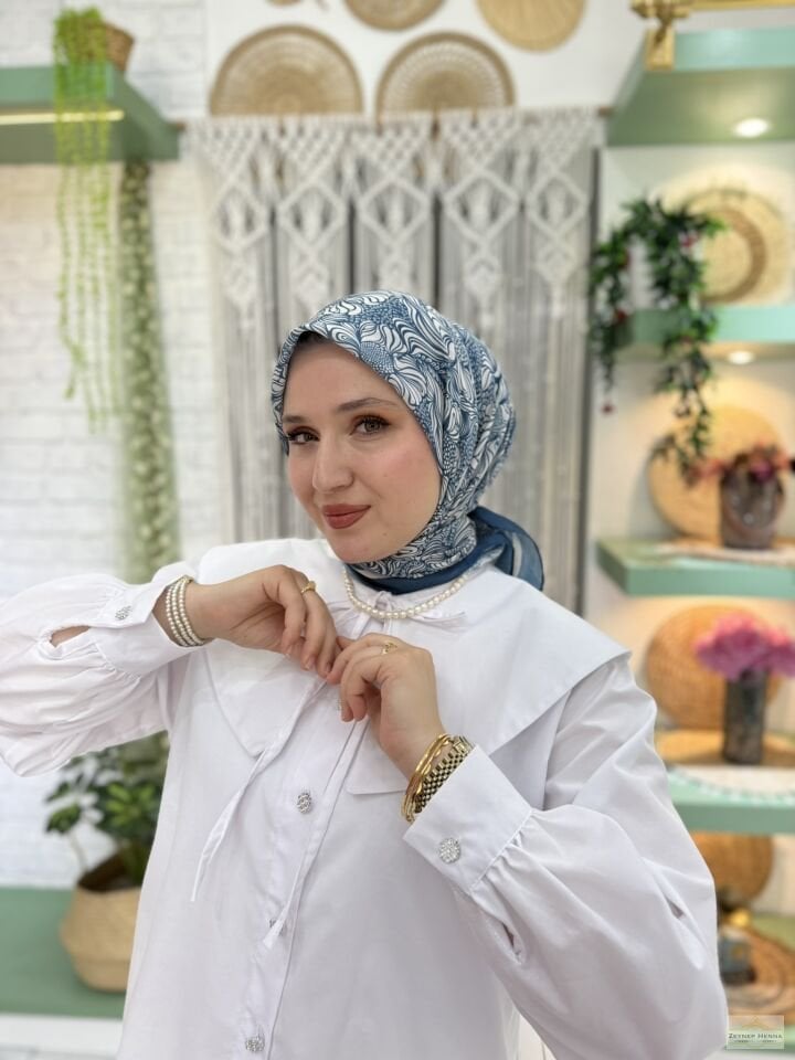 Mandala Desen İndigo Pamuk Eşarp