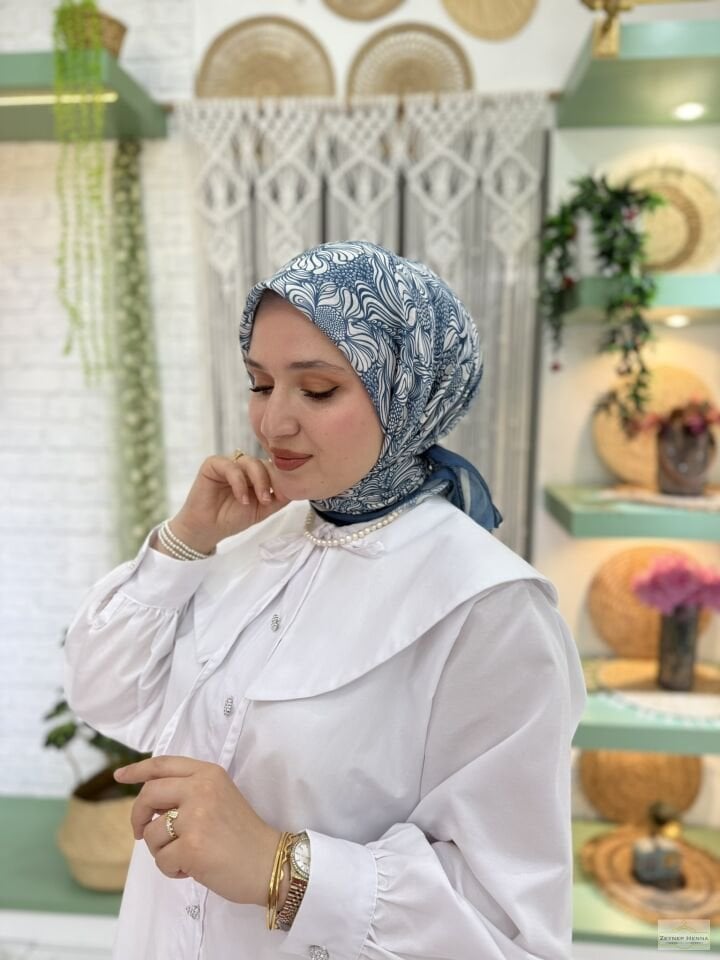 Mandala Desen İndigo Pamuk Eşarp