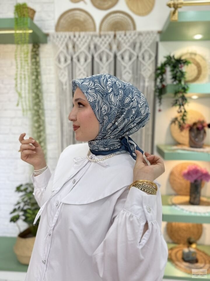 Mandala Desen İndigo Pamuk Eşarp