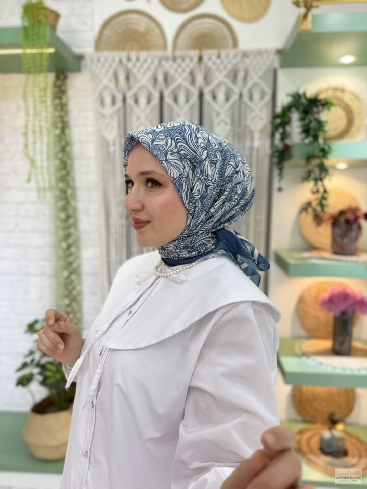 Mandala Desen İndigo Pamuk Eşarp